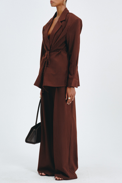 Latifa Stripe Belted Blazer - Brown