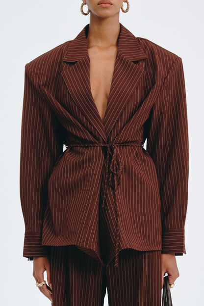 Latifa Stripe Belted Blazer - Brown