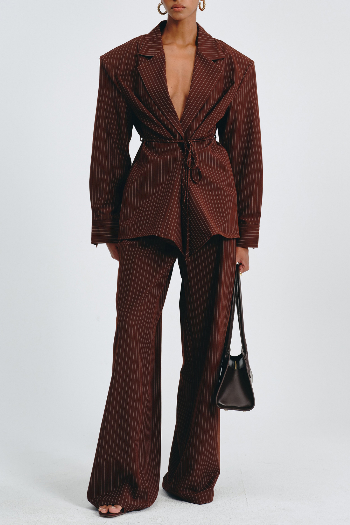 Latifa Stripe Belted Blazer - Brown