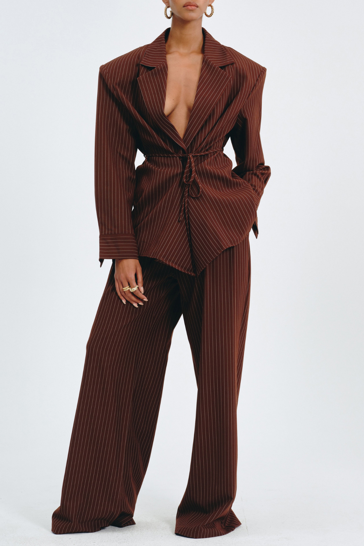 Latifa Stripe Belted Blazer - Brown