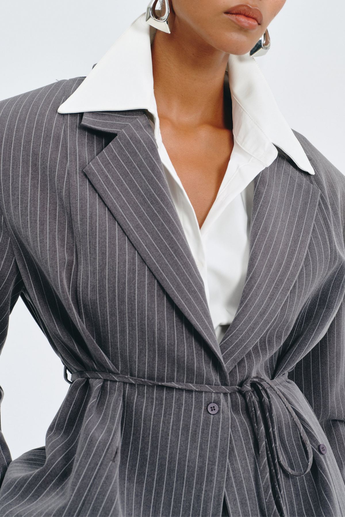 Latifa Stripe Belted Blazer - Grey