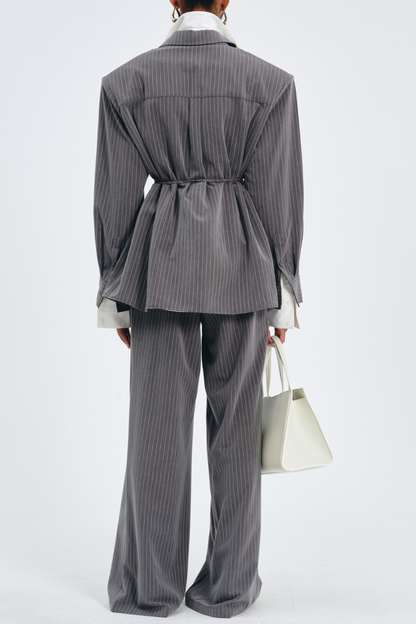 Latifa Stripe Belted Blazer - Grey