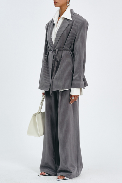 Latifa Stripe Belted Blazer - Grey