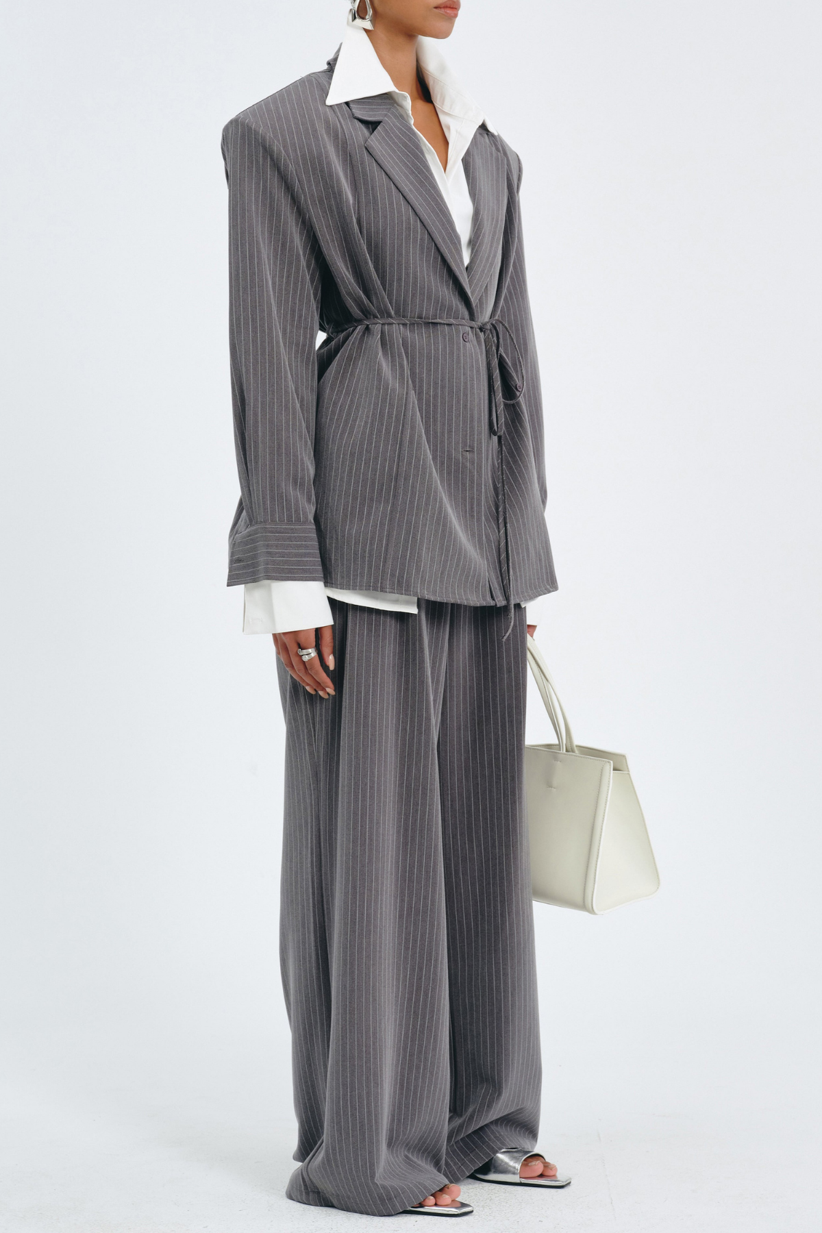 Latifa Stripe Belted Blazer - Grey