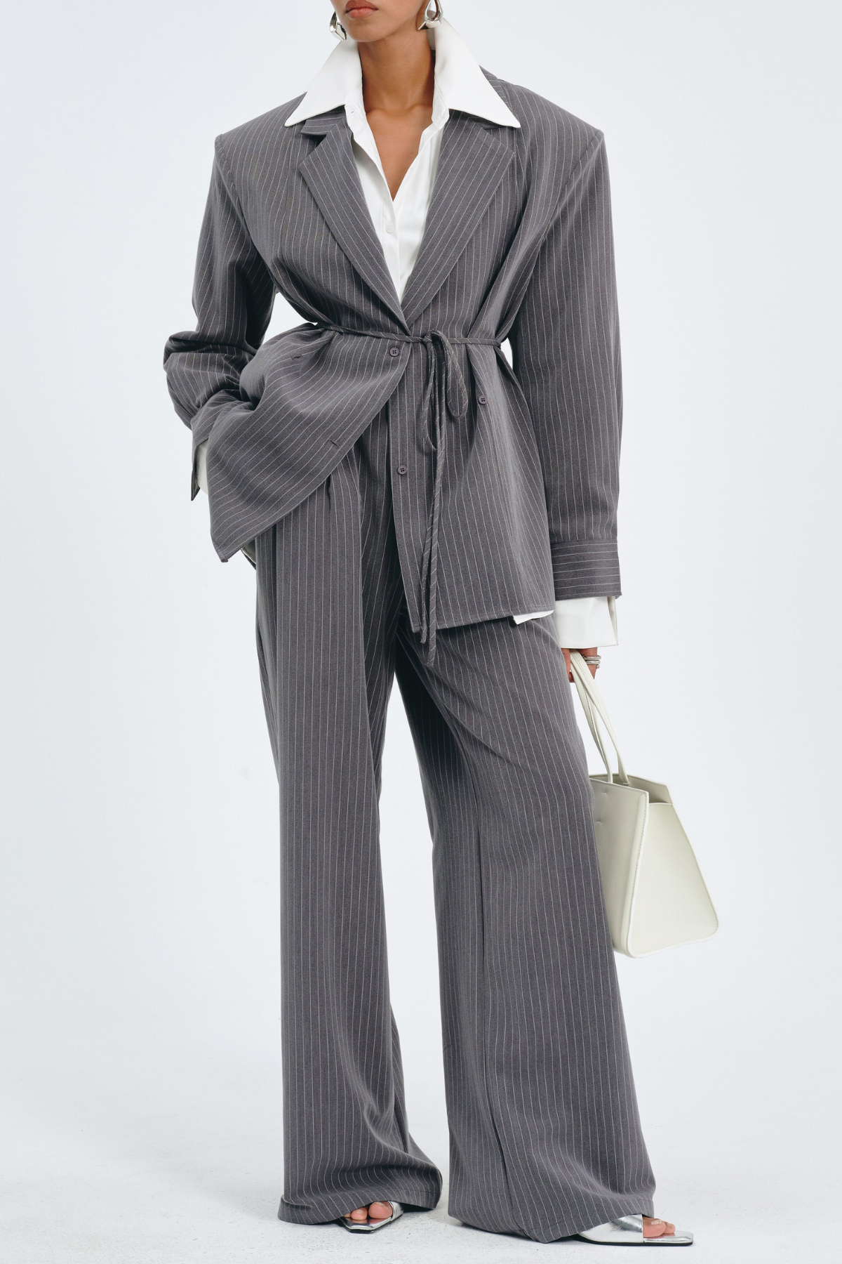 Latifa Stripe Belted Blazer - Grey