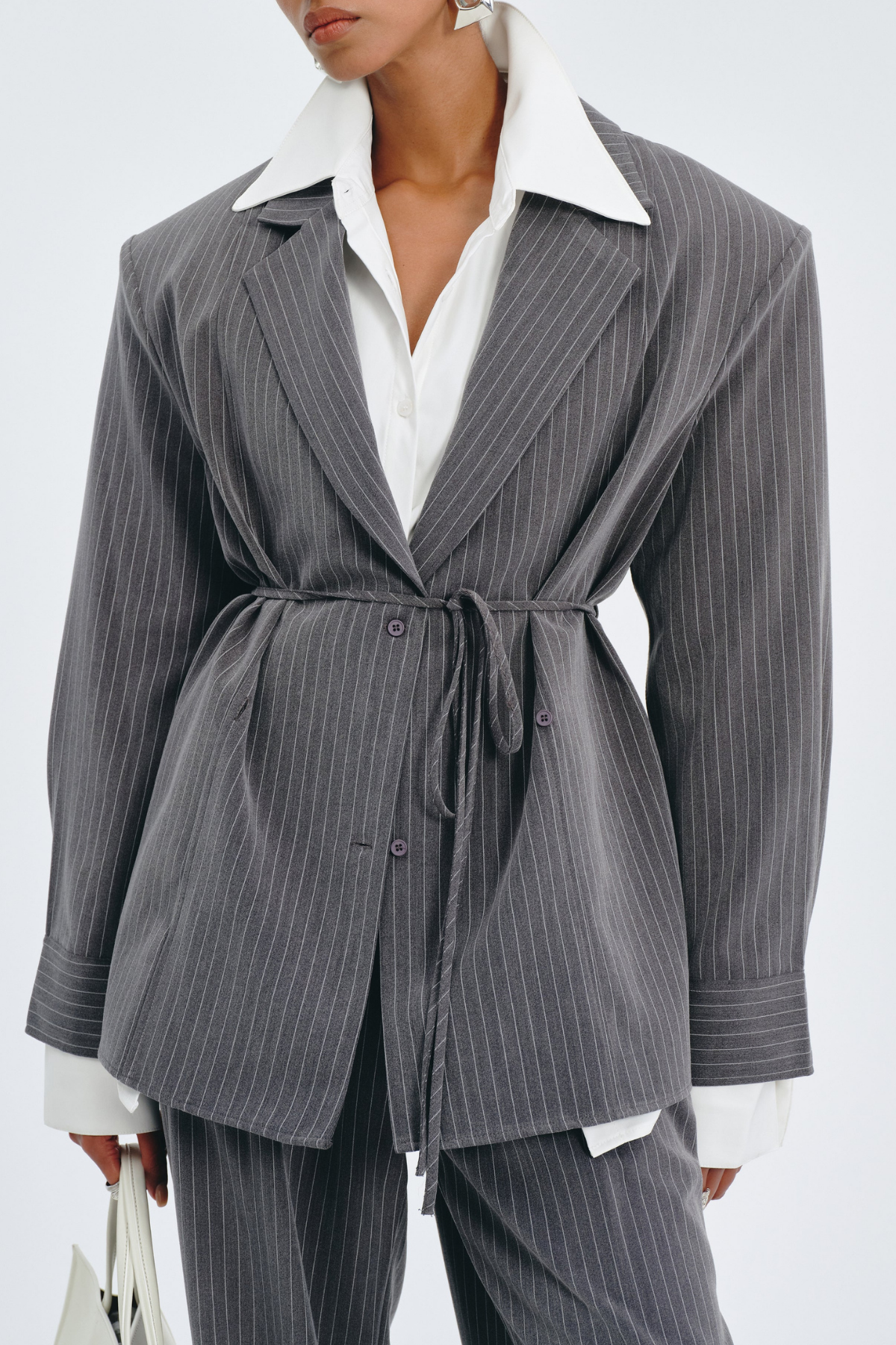 Latifa Stripe Belted Blazer - Grey