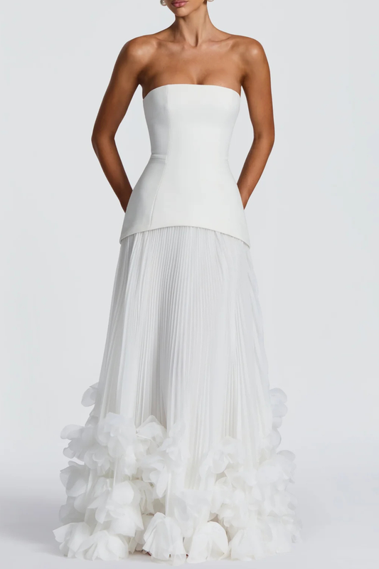 Laurell Strapless Floral Appliqué Pleated Maxi Dress - White