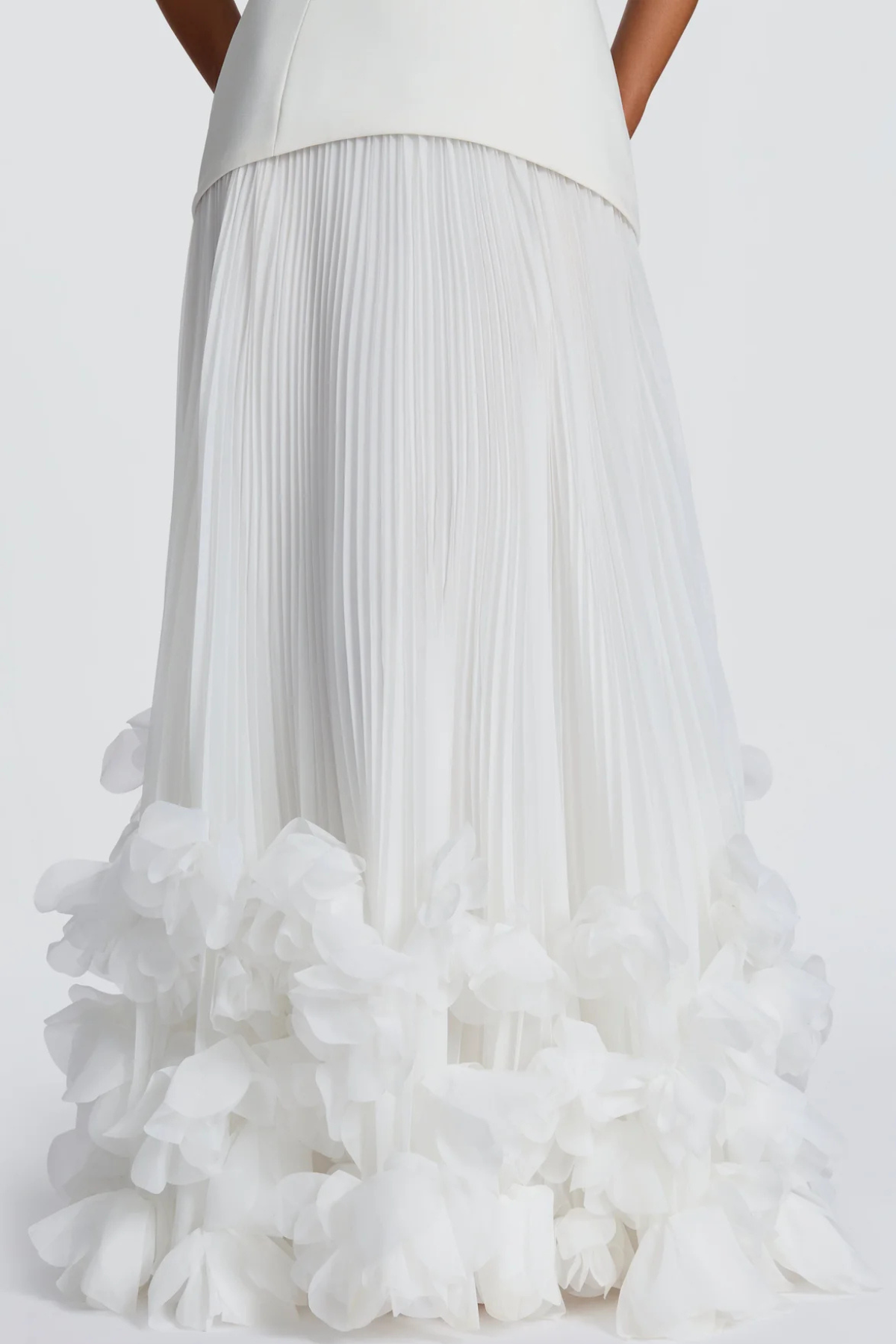 Laurell Strapless Floral Appliqué Pleated Maxi Dress - White