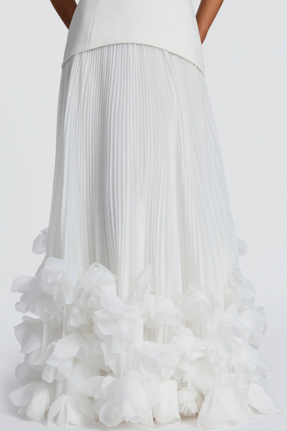 Laurell Strapless Floral Appliqué Pleated Maxi Dress - White