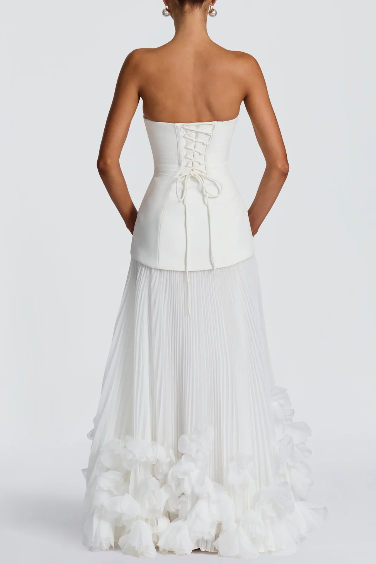 Laurell Strapless Floral Appliqué Pleated Maxi Dress - White