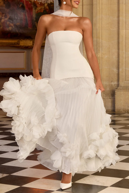 Laurell Strapless Floral Appliqué Pleated Maxi Dress - White