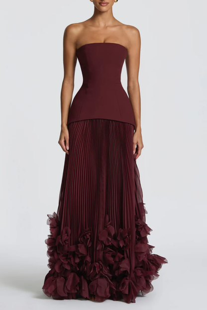 Laurell Strapless Floral Appliqué Pleated Maxi Dress - Wine