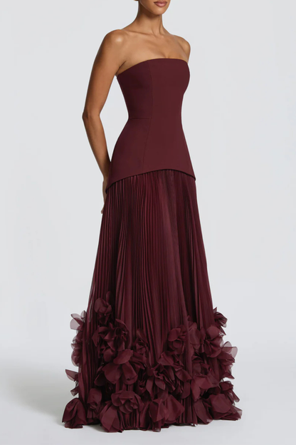 Laurell Strapless Floral Appliqué Pleated Maxi Dress - Wine