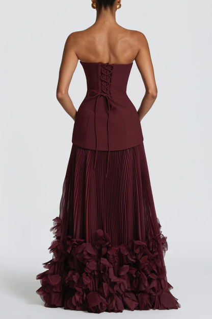 Laurell Strapless Floral Appliqué Pleated Maxi Dress - Wine