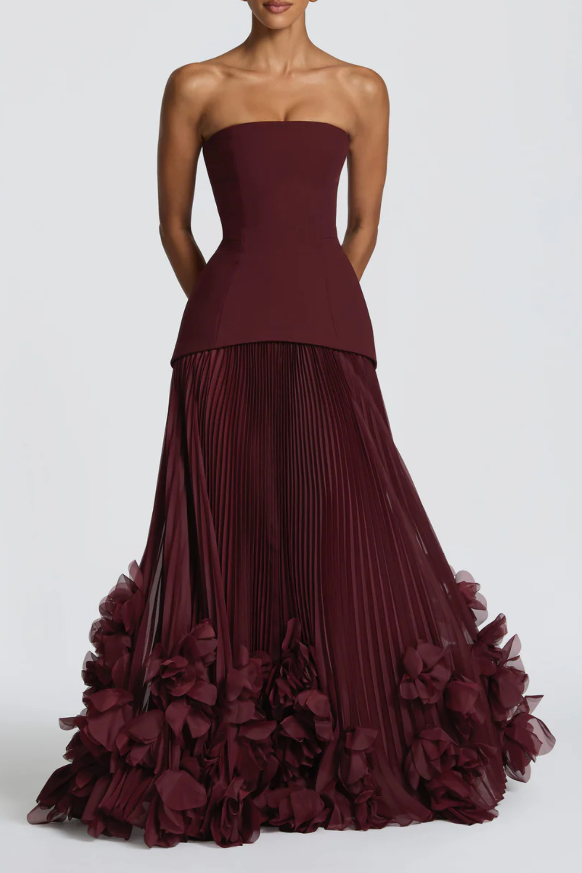 Laurell Strapless Floral Appliqué Pleated Maxi Dress - Wine