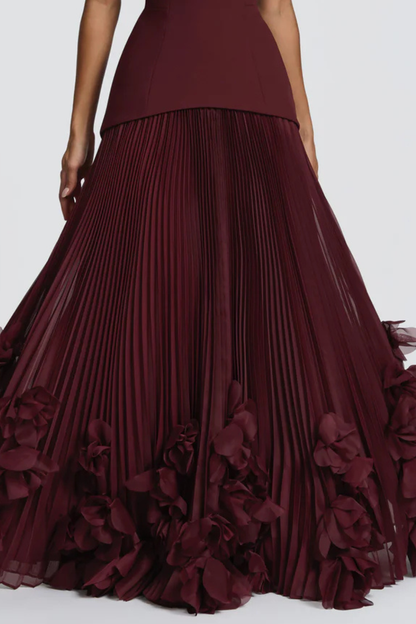 Laurell Strapless Floral Appliqué Pleated Maxi Dress - Wine