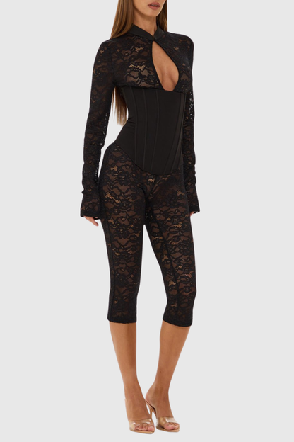 Leade Lace Corset Jumpsuit - Black