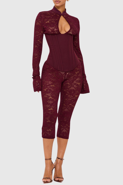 Leade Lace Corset Jumpsuit - Wine