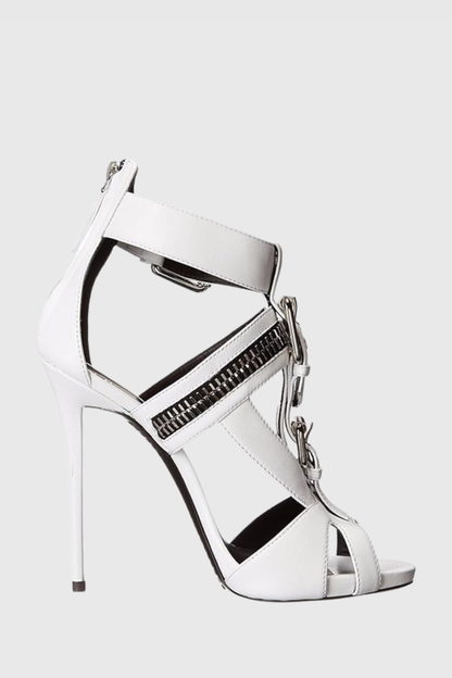 Learta Buckle Zip T Strap Sandals - White