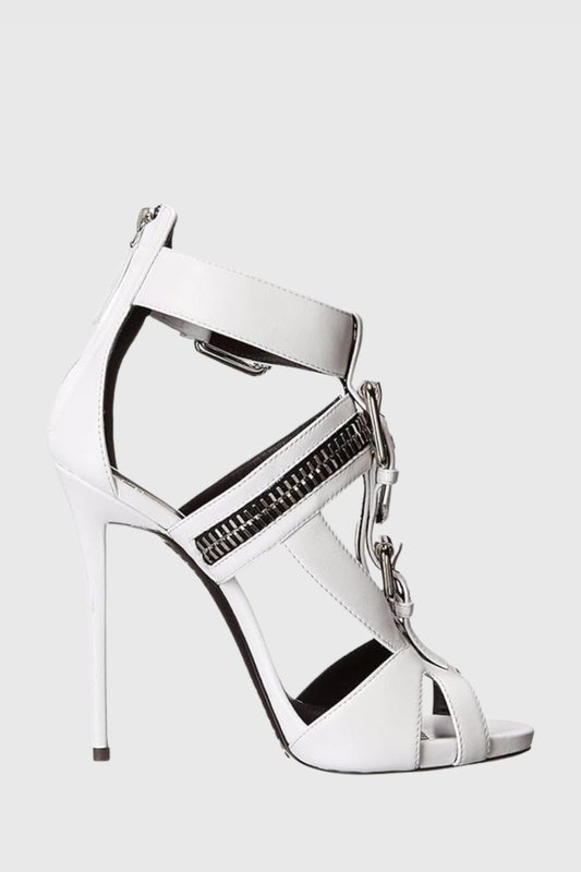 Learta Buckle Zip T Strap Sandals - White
