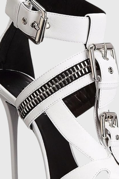 Learta Buckle Zip T Strap Sandals - White