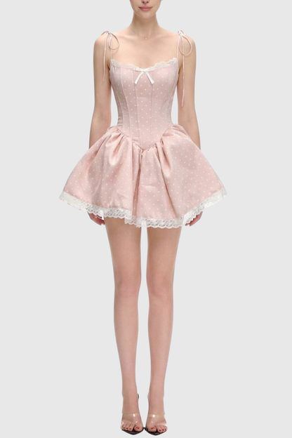 Leatria Bow Polka Dot Mini Dress - Pink