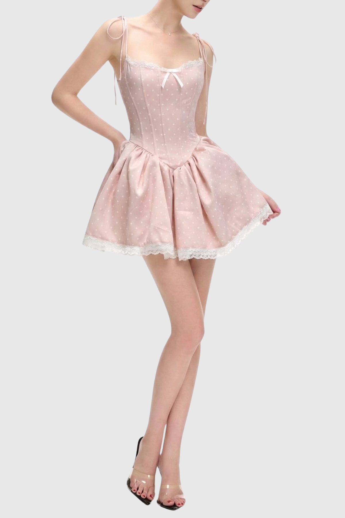 Leatria Bow Polka Dot Mini Dress - Pink