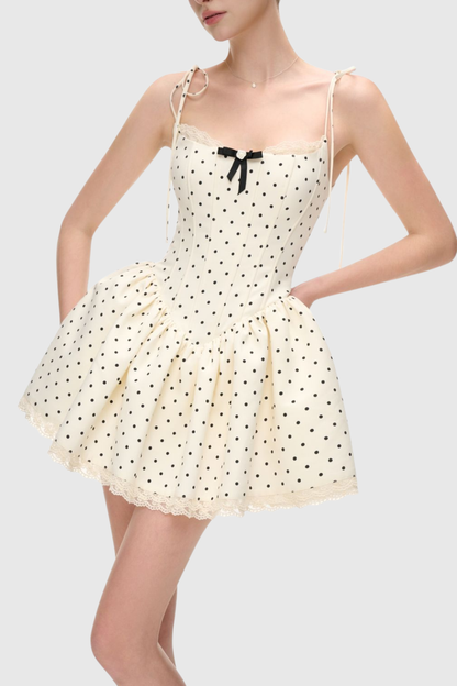 Leatria Bow Polka Dot Mini Dress - White