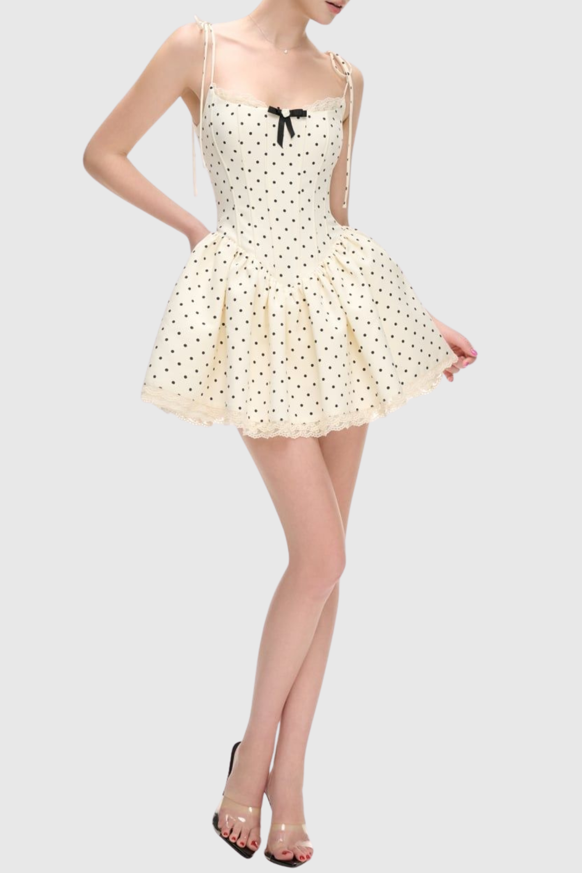 Leatria Bow Polka Dot Mini Dress - White