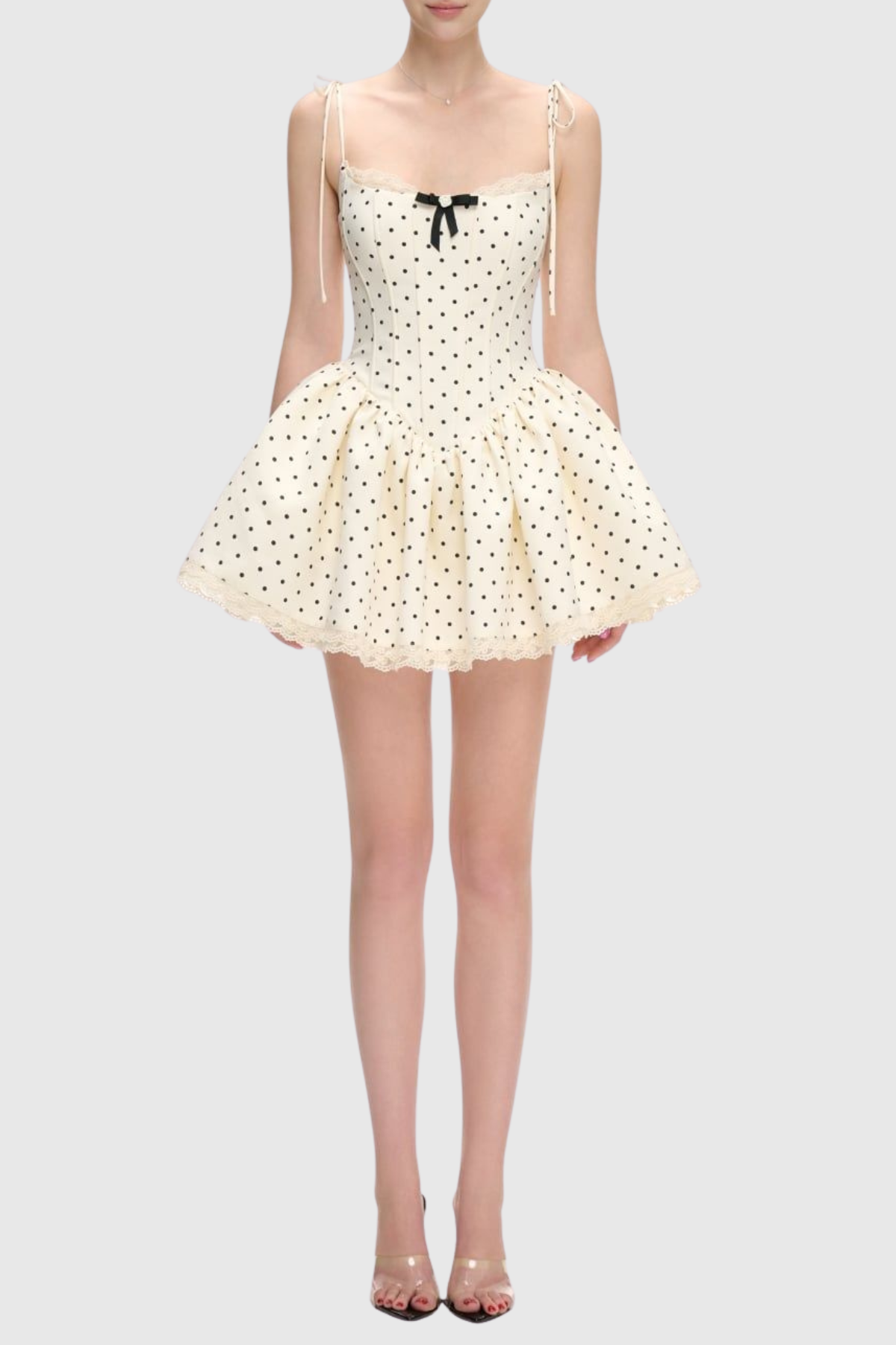 Leatria Bow Polka Dot Mini Dress - White