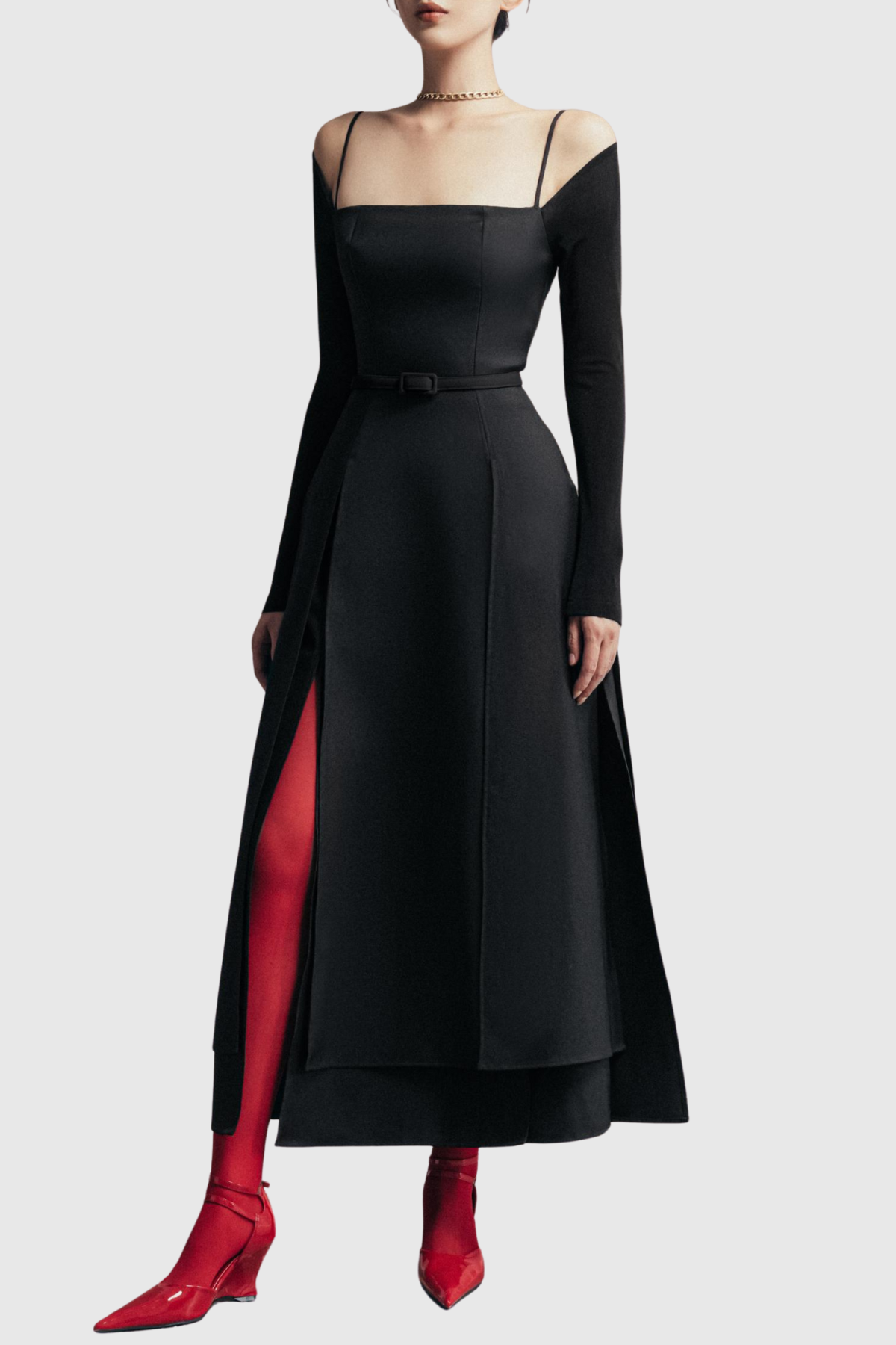 Ledie Off Shoulder Belted Slit Midi Dress - Black
