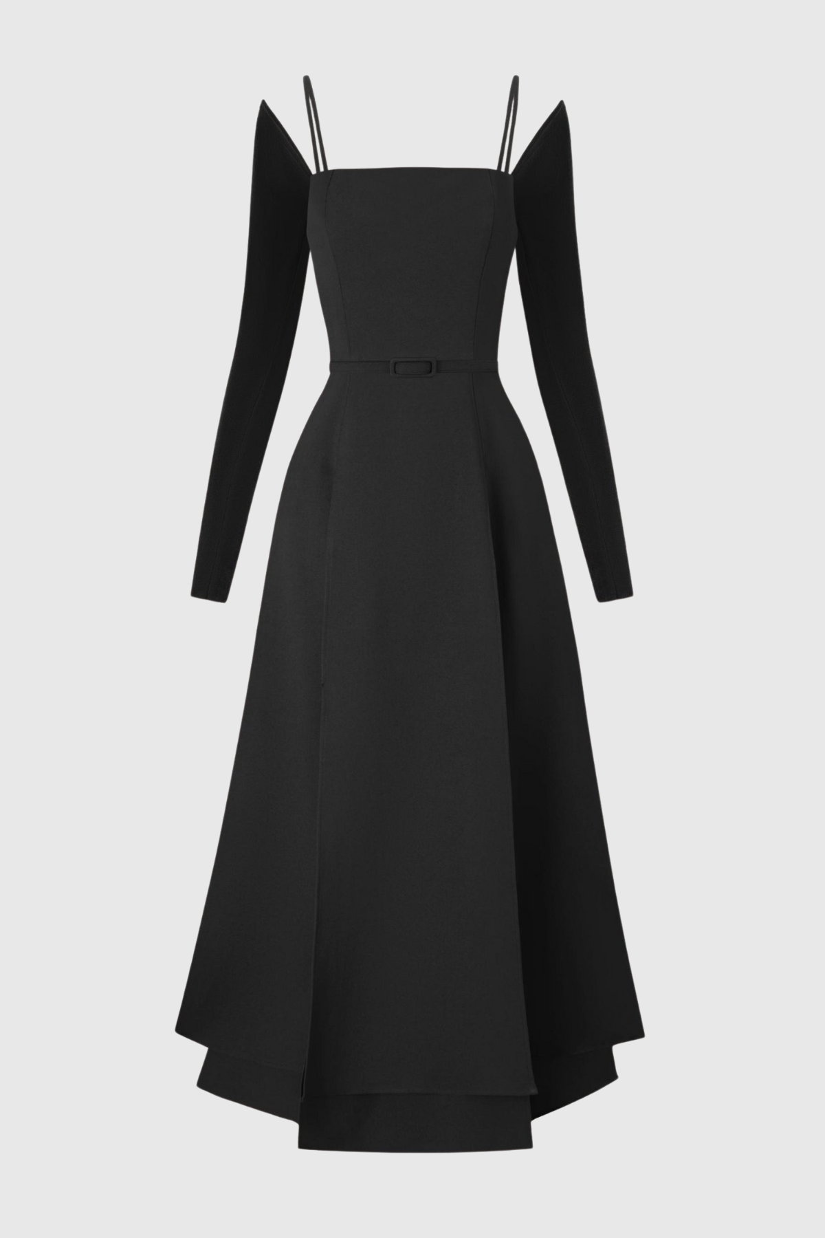 Ledie Off Shoulder Belted Slit Midi Dress - Black