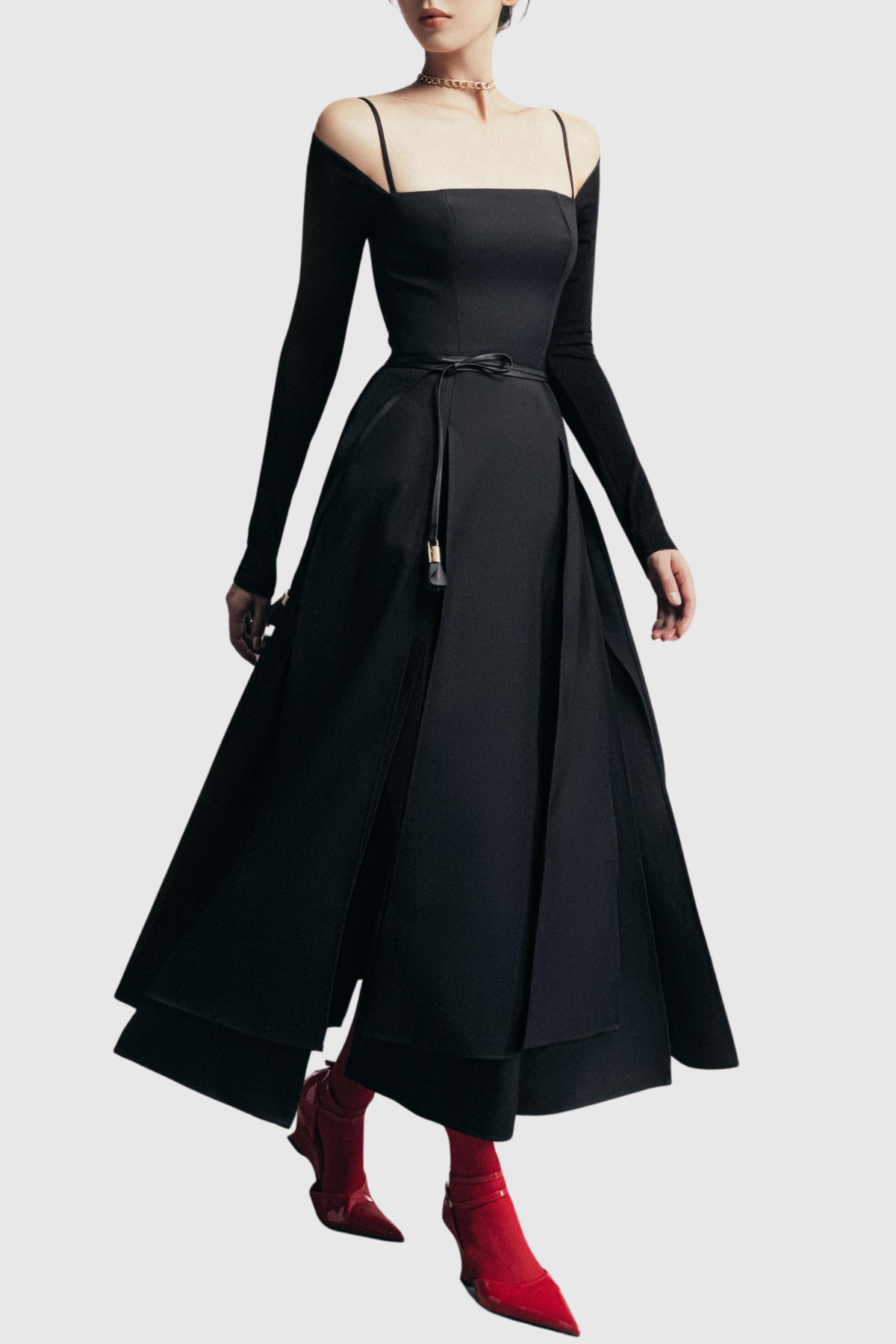 Ledie Off Shoulder Belted Slit Midi Dress - Black