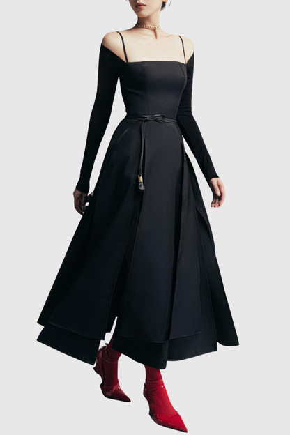 Ledie Off Shoulder Belted Slit Midi Dress - Black