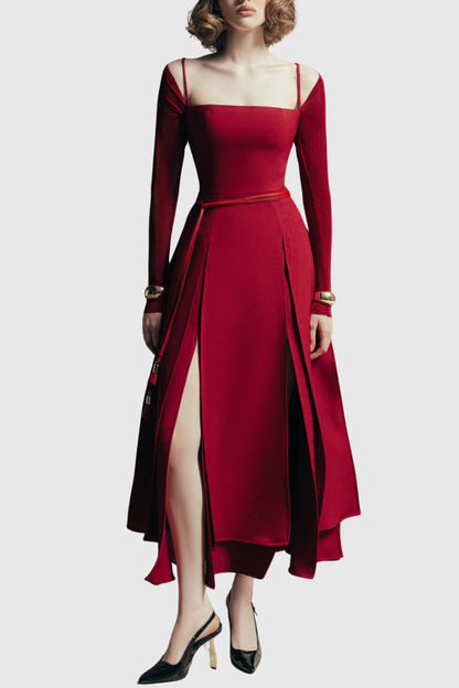 Ledie Off Shoulder Belted Slit Midi Dress - Red