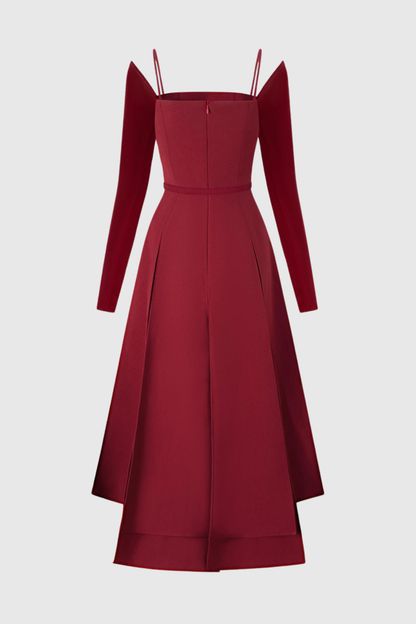 Ledie Off Shoulder Belted Slit Midi Dress - Red