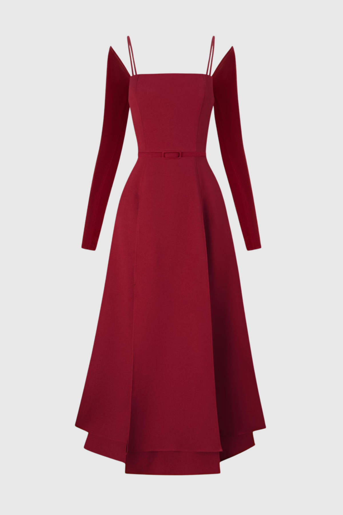 Ledie Off Shoulder Belted Slit Midi Dress - Red