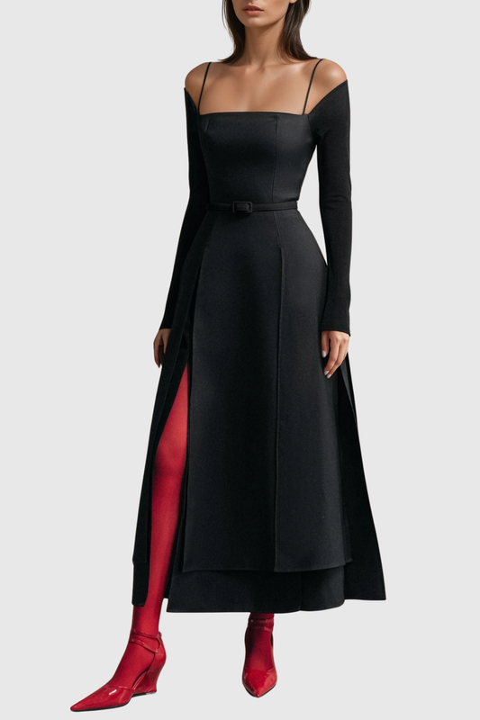 Ledie Off Shoulder Belted Slit Midi Dress - Black