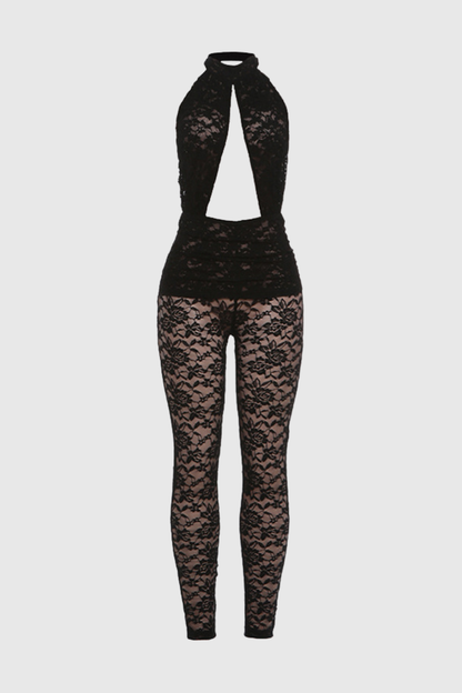 Leica Halter Lace Cutout Jumpsuit - Black
