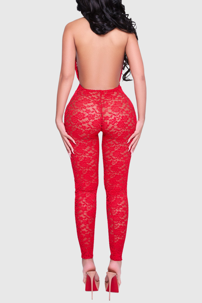 Leica Halter Lace Cutout Jumpsuit - Red