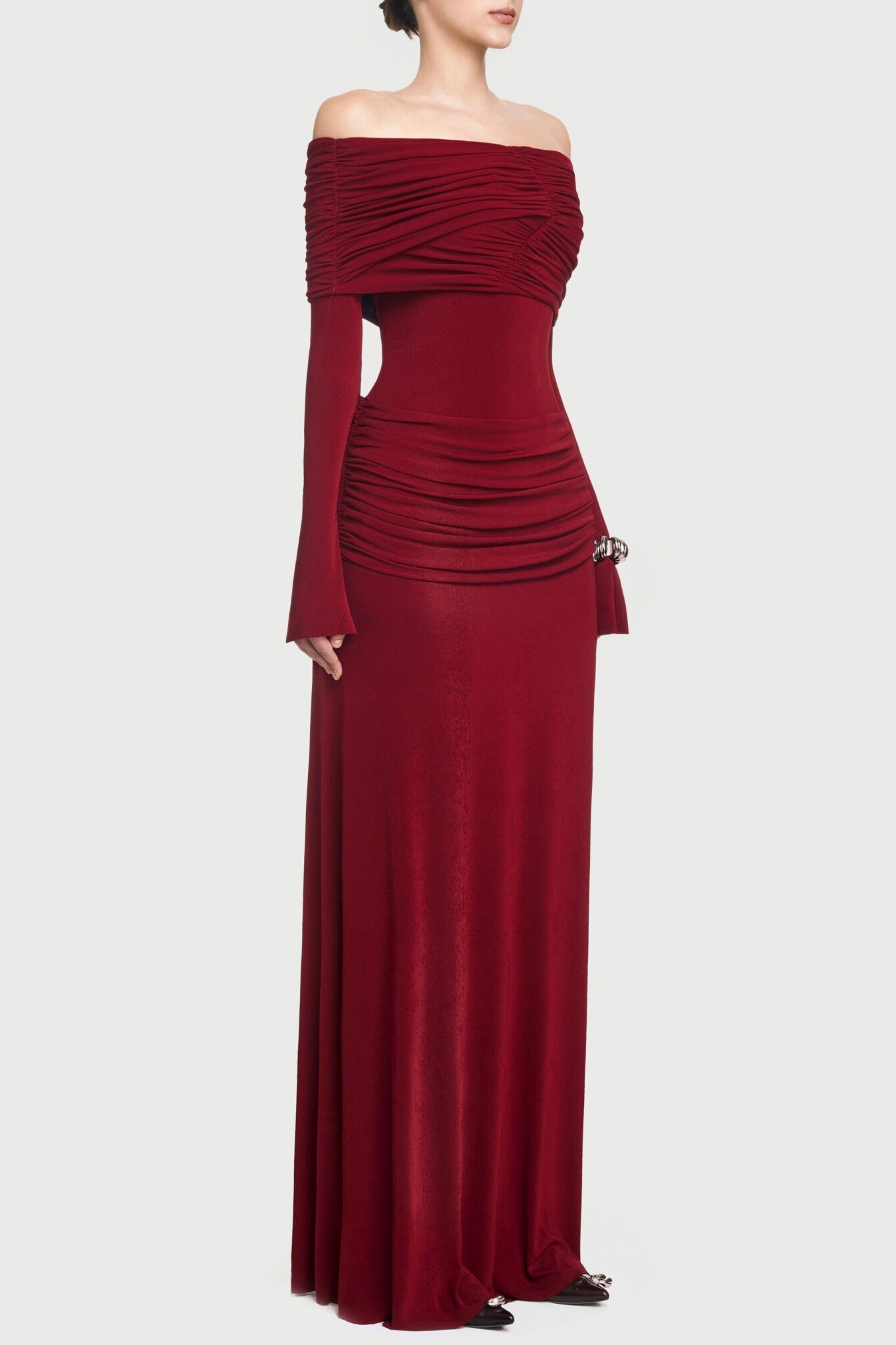 Lekeisha Off Shoulder Draped Maxi Dress - Wine