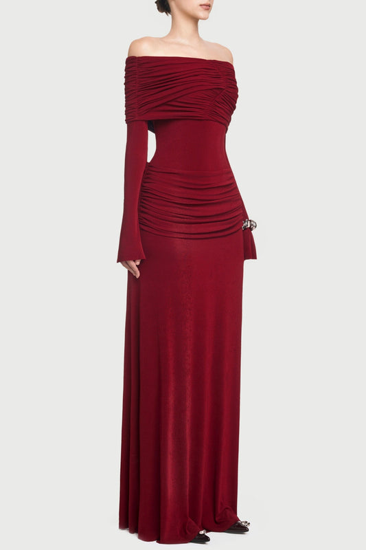 Lekeisha Off Shoulder Draped Maxi Dress - Wine