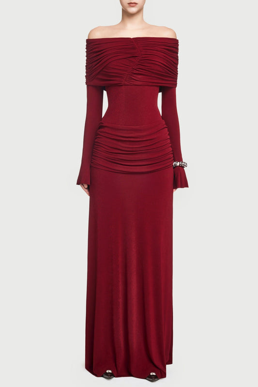 Lekeisha Off Shoulder Draped Maxi Dress - Wine