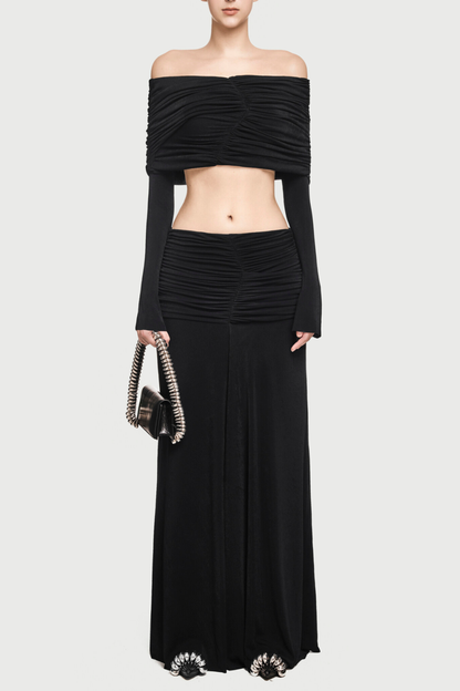 Lekeisha Off Shoulder Ruched Top & Maxi Skirt Set - Black
