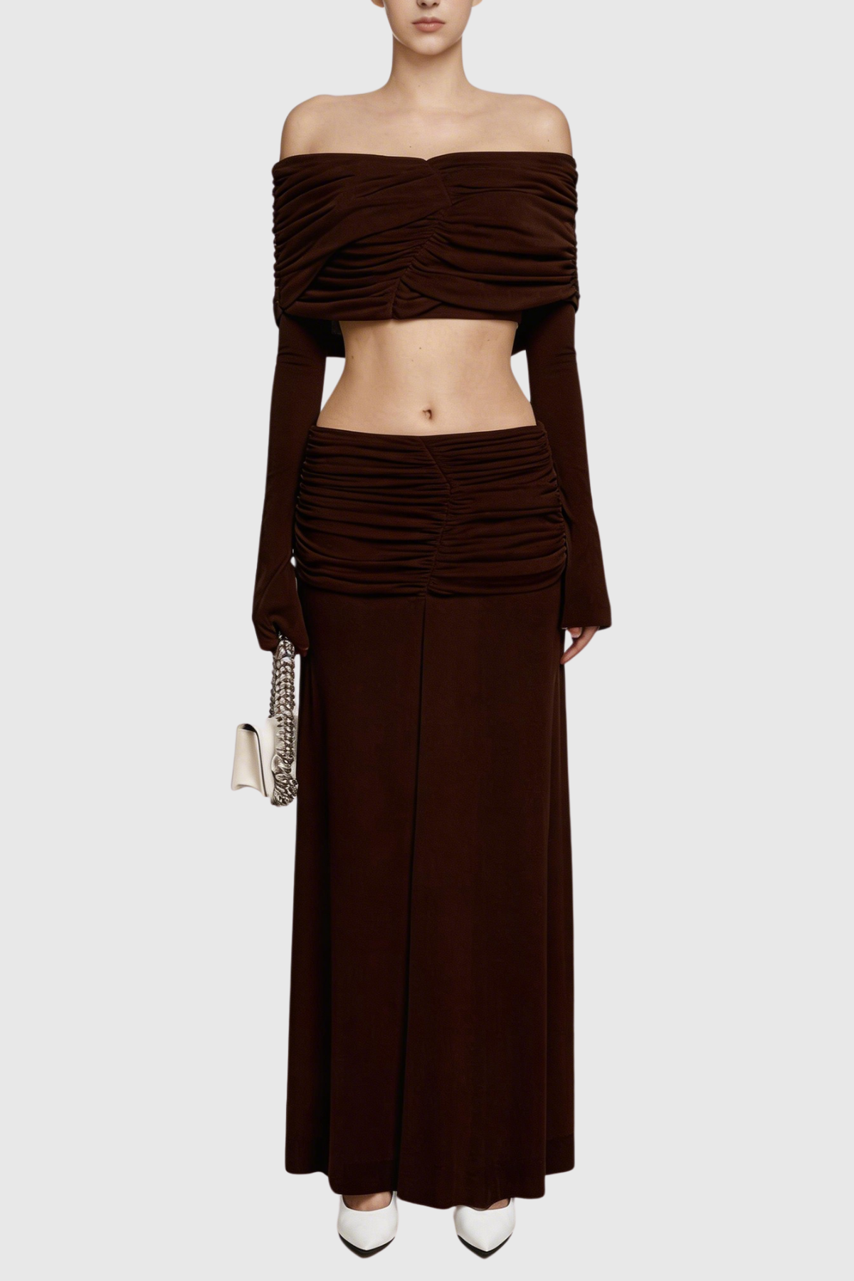 Lekeisha Off Shoulder Ruched Top & Maxi Skirt Set - Brown