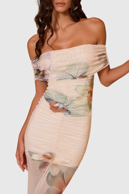 Leocadia Off Shoulder Floral Mesh Maxi Dress