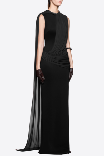 Leonel Sleeveless Cape Draped Maxi Dress - Black