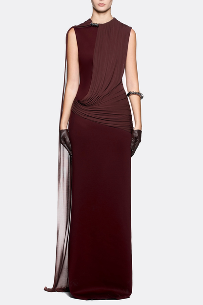Leonel Sleeveless Cape Draped Maxi Dress - Brown