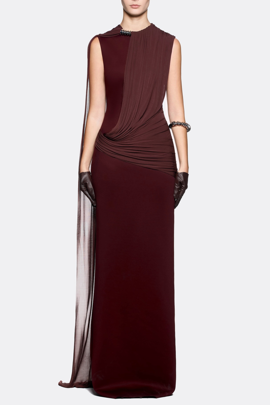 Leonel Sleeveless Cape Draped Maxi Dress - Brown