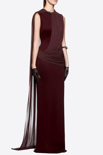 Leonel Sleeveless Cape Draped Maxi Dress - Brown